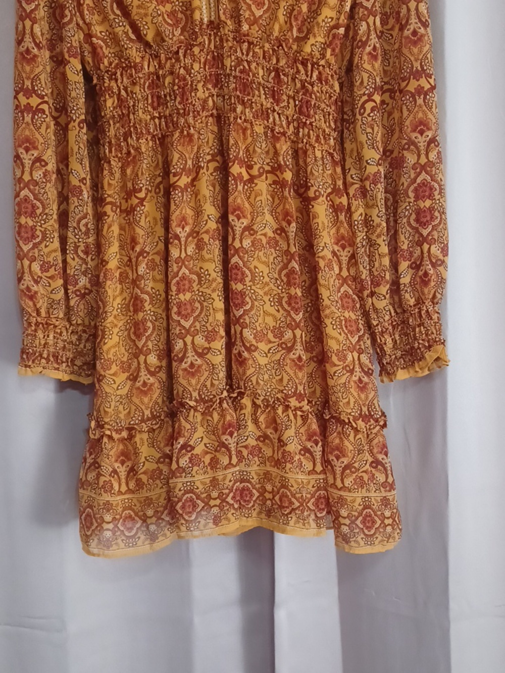 Max Studio Smocked Waist Mini Dress Balloon Sleeves V-Neck Mustard Boho Size L - Picture 7 of 15